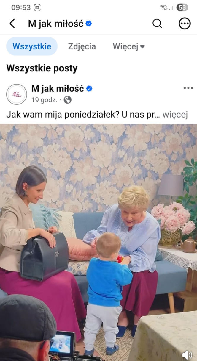 M jak miłość nowy sezon. Agnes (Amanda Mincewicz), Antoś (Mikołaj Jankowski), Barbara (Teresa Lipowska) na planie
