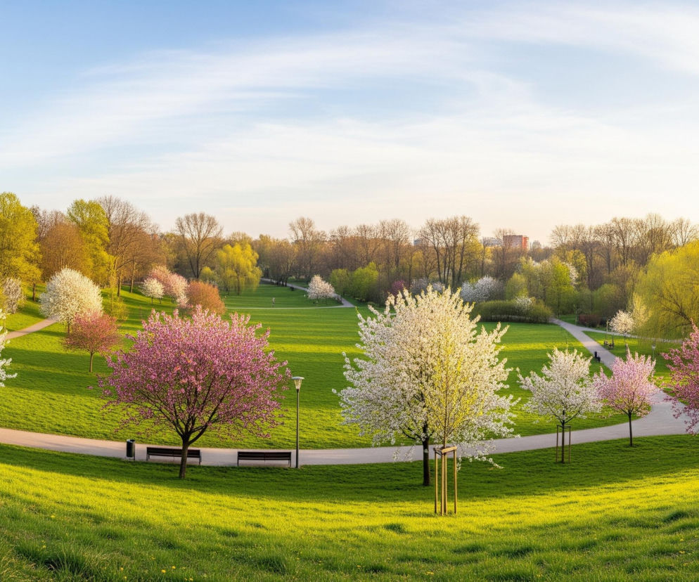Rozległy, zielony park rozświetlony jest ciepłym, wczesnowiosennym słońcem, tworzącym długie cienie na trawnikach. W centralnej części obrazu dominują kwitnące drzewa o białych i różowych kwiatach, ustawione wzdłuż wijących się asfaltowych alejek. Na horyzoncie widoczny jest las drzew o brązowych, jeszcze bezlistnych gałęziach, przeplatanych kilkoma drzewami o jasnozielonych liściach, a także oddalone budynki. Błękitne niebo z delikatnymi, białymi smugami chmur rozciąga się nad całą sceną, a po prawej stronie horyzontu jest nieco jaśniejsze, sugerując kierunek słońca.
