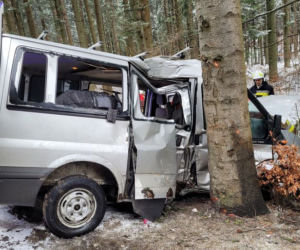 Potworny wypadek pod Krynicą-Zdrój! Nie żyje 32-latek ze Słowacji. Bus z 4 osobami rozbił się o drzewo [ZDJĘCIA]