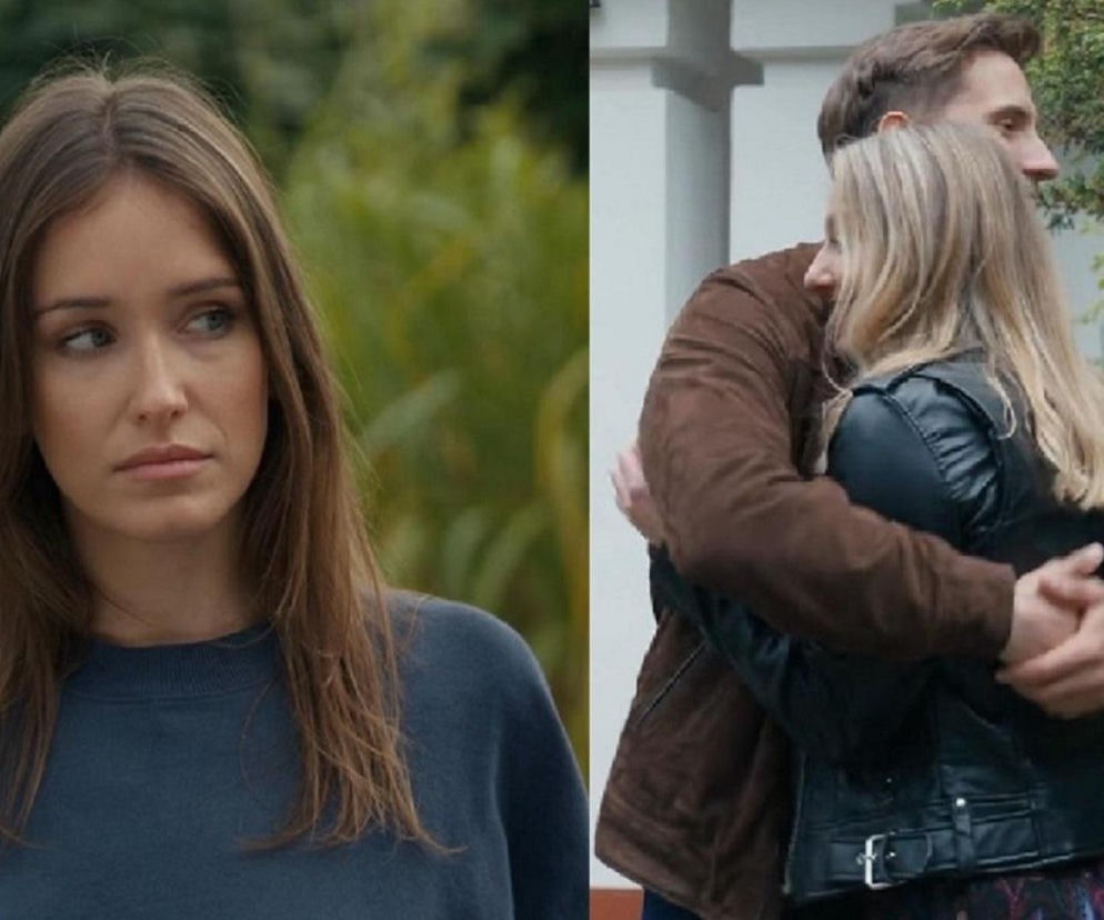 Madzia (Natalia Sierzputowska) ze zmartwioną miną, patrząca w prawo, oraz Tomasz (Jakub Sokołowski) obejmujący Grażynę (Kinga Suchan), ukazując chemię między bohaterami serialu Barwy szczęścia. Więcej o tym na portalu Super Seriale.