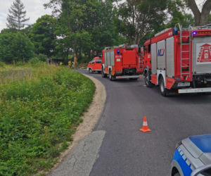 Wypadek na trasie Łomy - Jonkowo. Ciężarówka uderzyła w drzewo. Droga zablokowana [ZDJĘCIA]