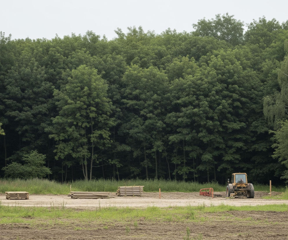 Przed lasem pełnym zielonych drzew rozciąga się ziemia częściowo pokryta trawą, a częściowo spulchnioną glebą. Na pierwszym planie, po prawej stronie, stoi duży żółty traktor z kabiną, a obok niego leży czerwone narzędzie rolnicze. Dalej na lewo ułożone są drewniane pale i deski, tworząc dwie stosy materiałów budowlanych. Tło dominuje gęsty las liściasty, z przeważającą zielenią liści, a po lewej stronie obrazu widoczne są fragmenty ciemniejszego drzewa z jaśniejszymi elementami.