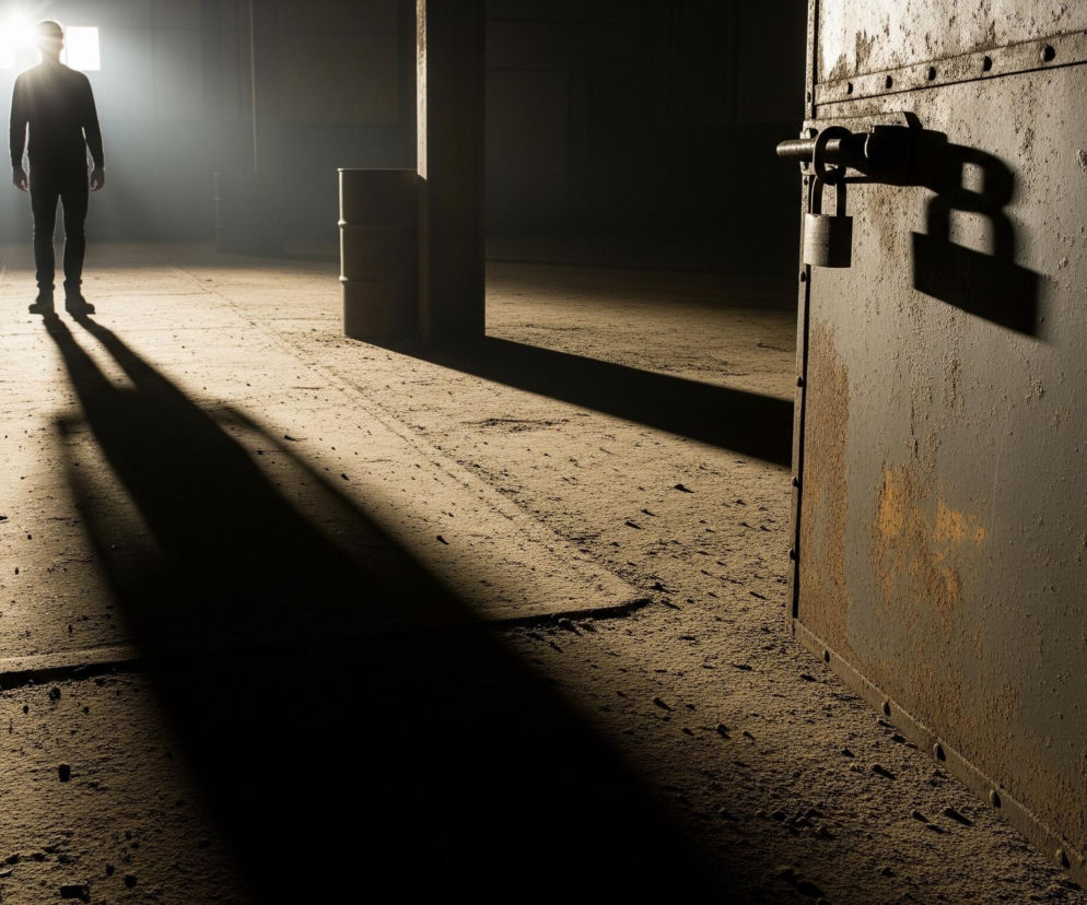 W centrum obrazu stoi postać mężczyzny w czarnym ubraniu, oświetlona silnym, białym światłem zza pleców, pochodzącym z czterech prostokątnych okien u góry. Mężczyzna rzuca długi, czarny cień na piaszczystą podłogę, pokrytą drobnymi kamykami i śladami. Po prawej stronie widać fragment metalowych, zardzewiałych drzwi z masywnym ryglem i kłódką. Pomieszczenie, w którym znajduje się mężczyzna, jest ciemne, z pojedynczymi metalowymi słupami i beczkami widocznymi w oddali, również pogrążonymi w cieniu.