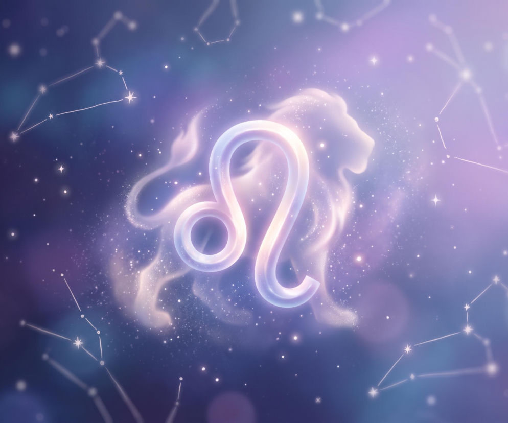Świecący symbol zodiakalnego Lwa na tle gwieździstego nieba. O horoskopie dla Lwa przeczytasz na Eska.