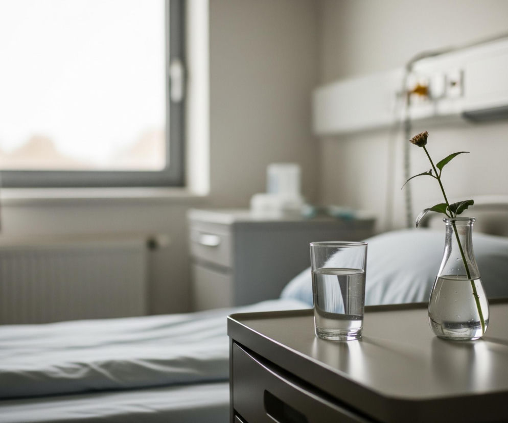 Na pierwszym planie, z prawej strony, znajduje się szara szafka nocna z blatem, na której stoją szklanka wody i szklana karafka z pojedynczym kwiatem. W tle widoczne jest łóżko szpitalne z niebieską pościelą i białą poduszką, ustawione w jasnym pokoju. Przy lewej stronie kadru ciemna zasłona zakrywa część okna, przez które wpada dzienne światło. Na ścianie za łóżkiem widać panel z różnymi urządzeniami medycznymi i wiszącymi przewodami, a w tle zarys białego kaloryfera pod oknem.