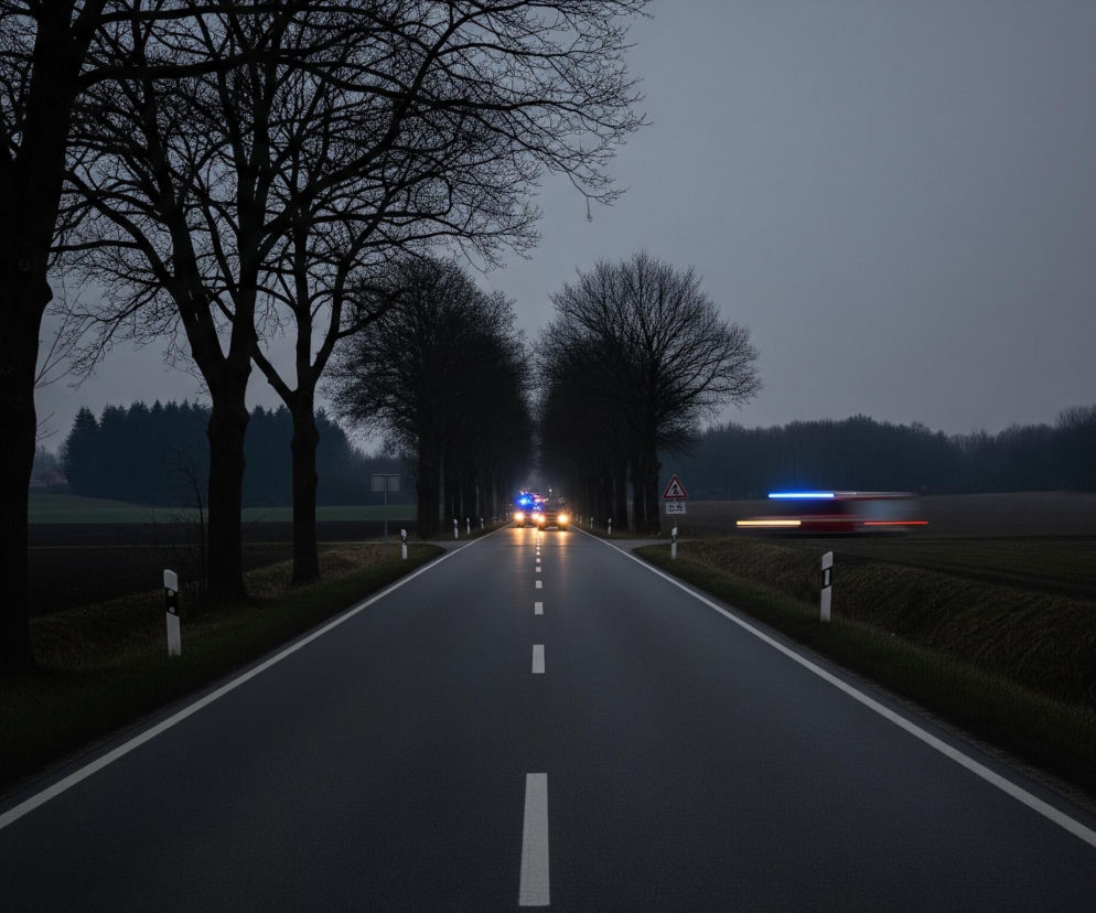 Czarna asfaltowa droga z białą, przerywaną linią centralną oraz ciągłymi liniami brzegowymi, biegnie przez środek kadru, zbiegając się w oddali. Po obu stronach drogi rosną szeregi ciemnych, bezlistnych drzew, tworząc aleję, a tło wypełniają ciemne pola i zalesione obszary pod pochmurnym, szarym niebem. W oddali, na drodze, widać włączone reflektory i niebieskie światła awaryjne jadącego pojazdu, natomiast po prawej stronie, na pierwszym planie, rozmyte smugi czerwonego i niebieskiego światła wskazują na szybkie poruszanie się innego pojazdu. Biało-czarne słupki drogowe i znak drogowy z czarną strzałką w czerwonym trójkącie, stojące po bokach drogi, są również widoczne.