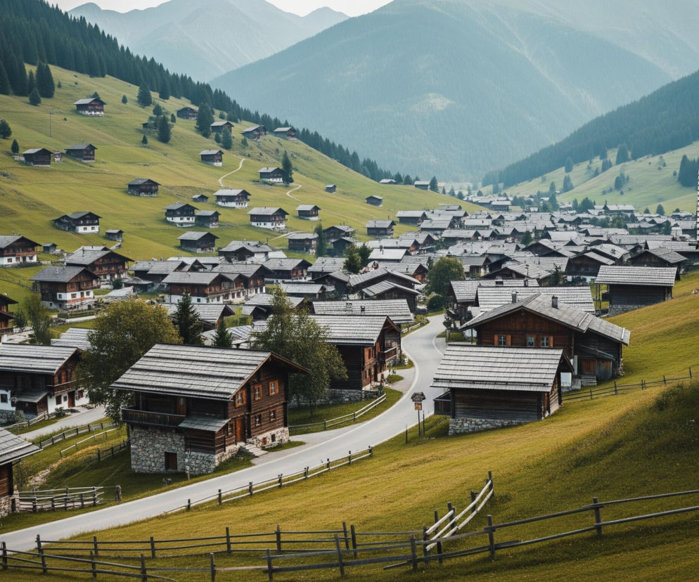Wielka liczba drewnianych domów z szarymi dachami pokrywa zielone zbocza doliny górskiej, z wijącą się asfaltową drogą przebiegającą przez ich środek. Domy, niektóre z białymi fasadami lub kamiennymi podstawami, są otoczone zieloną trawą i sporadycznymi drzewami, a drewniane płoty oddzielają posesje od drogi. W oddali, za doliną, wznoszą się szare, zamglone góry, a zbocza po obu stronach doliny porośnięte są ciemnozielonymi drzewami iglastymi.