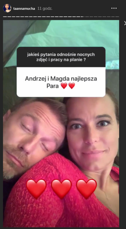 M jak miłość. Magda (Anna Mucha), Andrzej Budzyński (Krystian Wieczorek) na planie