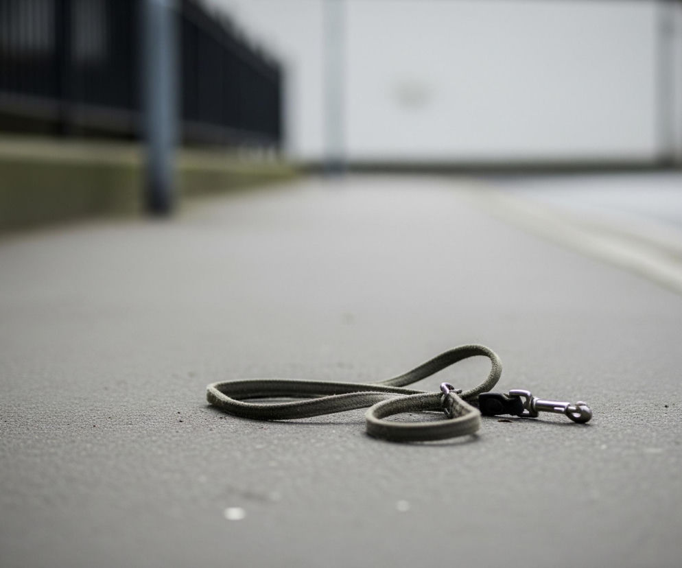 Na ciemnoszarym chodniku leży zwinięta smycz w kolorze khaki, z metalowym karabińczykiem na jednym końcu. Tło jest rozmyte, ukazując fragment czarnego ogrodzenia po lewej stronie, zielony pas trawy i jasną, białą ścianę budynku po prawej, zanikającą w oddali. Perspektywa z niskiego poziomu sprawia, że chodnik zajmuje większość kadru, a horyzont znajduje się wysoko.