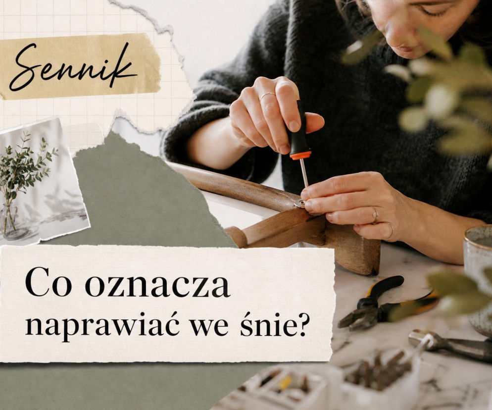 Dłonie osoby przykręcającej śrubkę do drewnianego mebla. O znaczeniu snu o naprawianiu przeczytasz na SE.