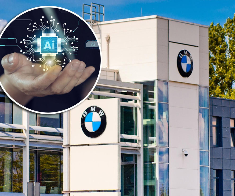 Siedziba BMW z logo marki. Na miniaturze dłoń z procesorem AI. O zastępowaniu menedżerów sztuczną inteligencją pisze SE Superbiz.