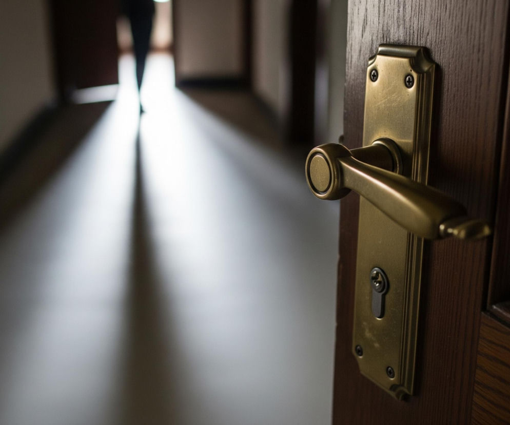 Na pierwszym planie, z prawej strony, znajduje się otwarta, ciemnobrązowa drewniana część drzwi z widocznym mosiężnym uchwytem i zamkiem. Uchwyt ma zaokrąglony kształt i jest skierowany w dół, a pod nim widoczny jest okrągły otwór zamka. Tło przedstawia długi, ciemny korytarz, w którego centrum rozciąga się jasny pas światła, prawdopodobnie pochodzący z odległego źródła. W oddali, na końcu korytarza, w silnym świetle, widać zamazaną sylwetkę osoby.