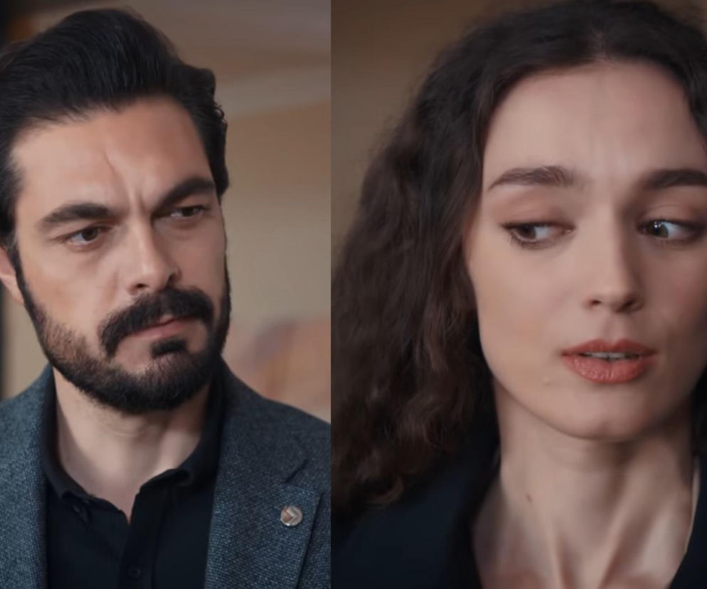 Yaman z poważną miną patrzy w bok, na jego twarzy widać zamyślenie. Obok niego Nana, która również ma zmartwioną minę. Scena z serialu Dziedzictwo, gdzie Nana okłamie Yamana, a Pinar zdemaskuje jej intrygę. Więcej na Super Seriale.