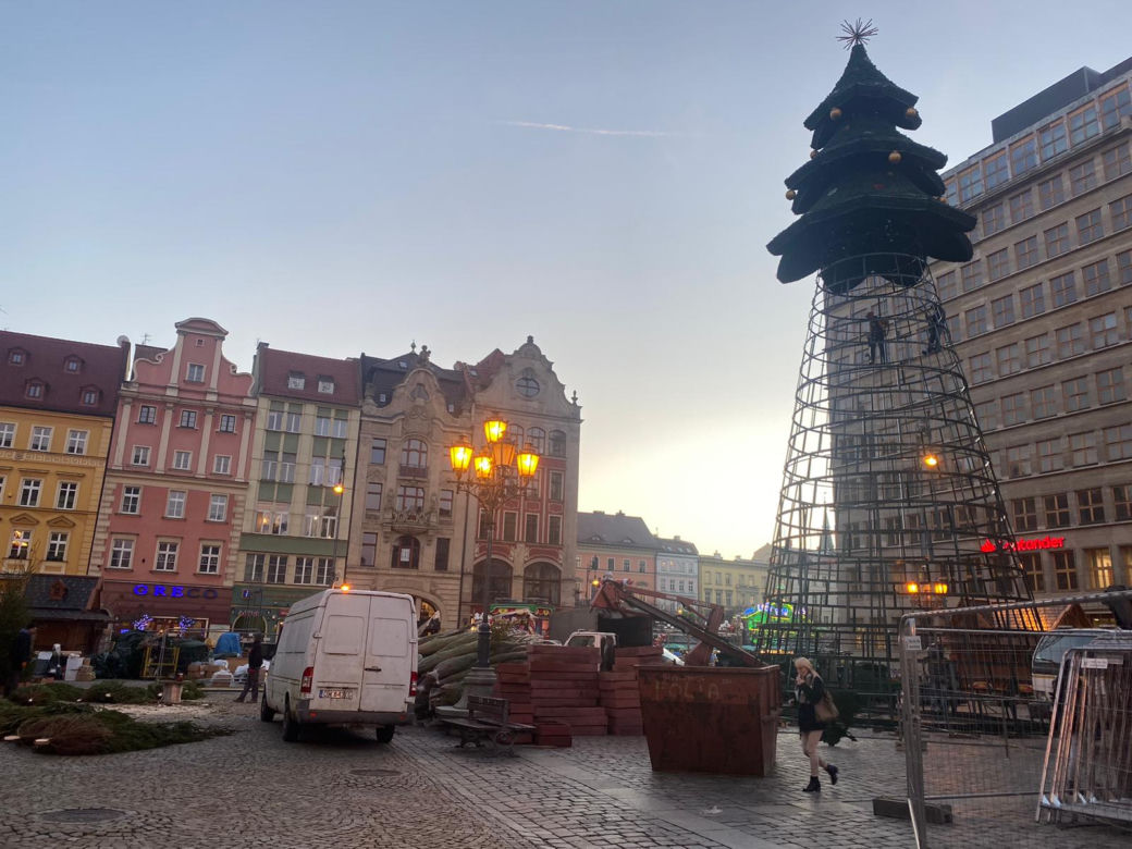 Choinka we Wrocławiu prawie gotowa. Zdania mieszkańców znowu podzielone [ZDJĘCIA]