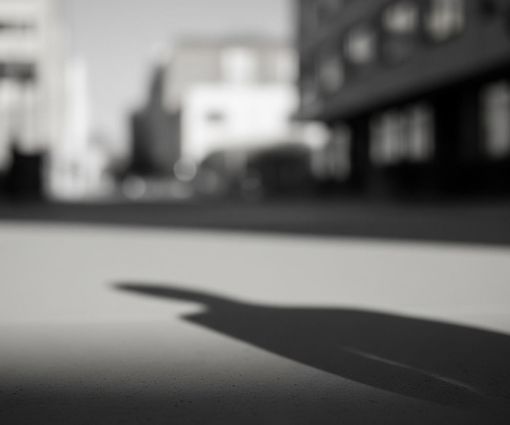 Na pierwszym planie, w dolnej części kadru, znajduje się ciemnoszara, ziarnista powierzchnia. W centralnej części obrazu widoczny jest długi, ciemny cień, biegnący ukośnie od lewej strony w górę, przypominający kształt wijącej się wstęgi. Tło jest całkowicie rozmyte, utrzymane w odcieniach szarości, ukazując niewyraźne zarysy budynków i ulicznej scenerii. Dominują ciemne i jasne szarości, z niewielkimi akcentami czerni.