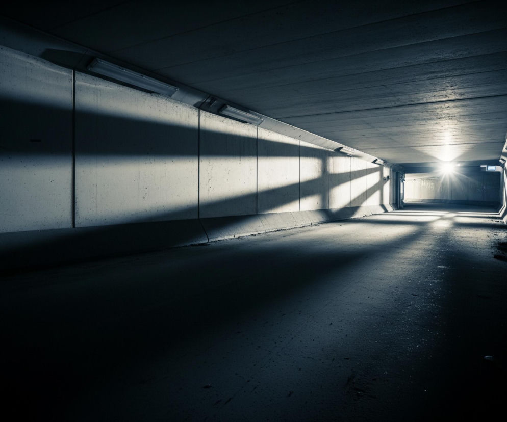 Wnętrze ciemnego, betonowego tunelu, z silnym światłem w oddali na jego końcu. Betonowe ściany tunelu, szare i surowe, odbijają światło z lamp umieszczonych pod sufitem oraz jasne smugi z dalekiego wylotu, tworząc wyraźne cienie. Podłużne, jarzeniowe lampy, przymocowane do górnej części ścian, oświetlają lewą i prawą stronę tunelu. Podłoże jest ciemne, nieco wilgotne i odzwierciedla blask nadchodzącego światła, dodając głębi perspektywie.