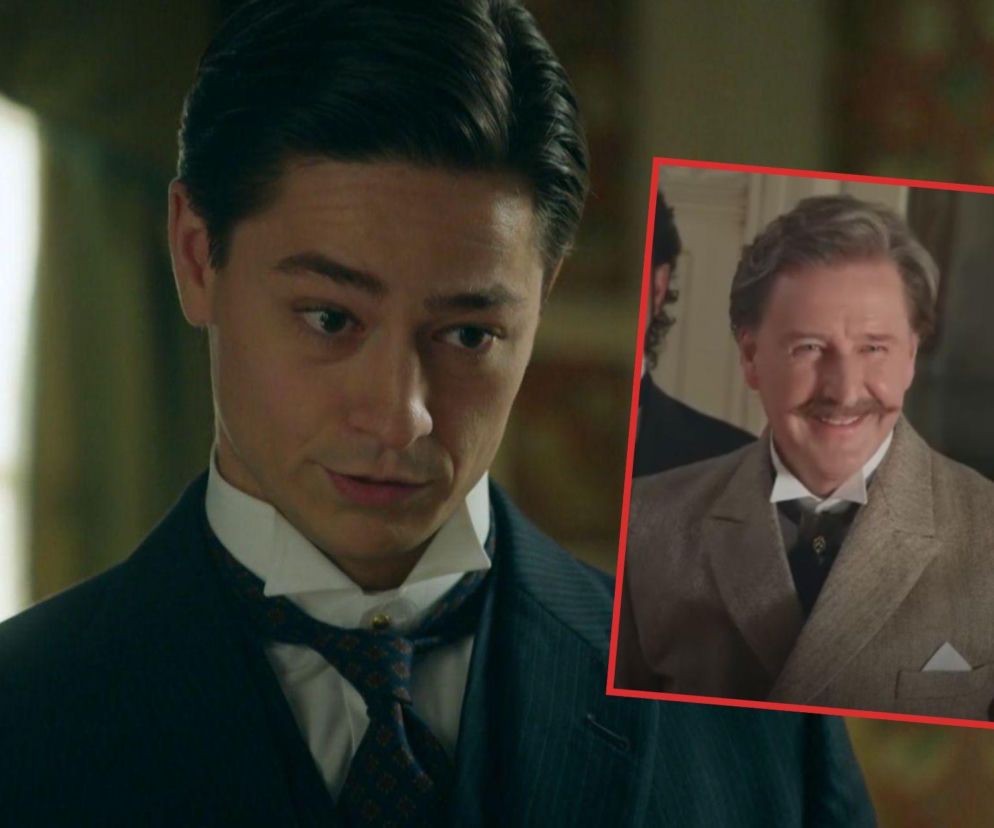 Portret młodego Pelayo w ciemnym garniturze i krawacie z wyrazem zaniepokojenia. W tle, w czerwonej ramce, roześmiany pan Cavendish w tweedowej marynarce i koszuli z muchą. Ten kadr z La promesa przedstawia napiętą sytuację w uzdrowisku. Więcej o tym na Super Seriale.