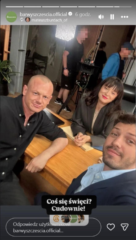 Barwy szczęścia nowy sezon na planie. Justin (Jasper Sołtysiewicz), Sergiusz (Mateusz Burdach), Natalia (Maria Dejmek)