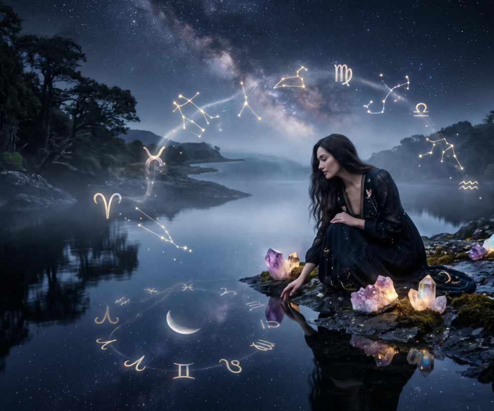 Kobieta przy jeziorze nocą, wokół niej świecące znaki zodiaku. O horoskopie dziennym przeczytasz na SE.