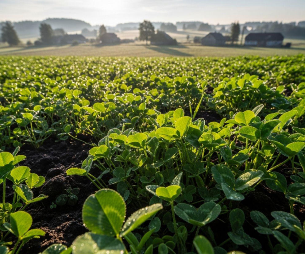 Zielone, ekologiczne pole uprawne z rosą na liściach koniczyny o poranku, symbolizujące rozwój rolnictwa ekologicznego i opłacalne zmiany w dopłatach dla rolników. Więcej o rolnictwie przeczytasz na portalu Super Biznes.