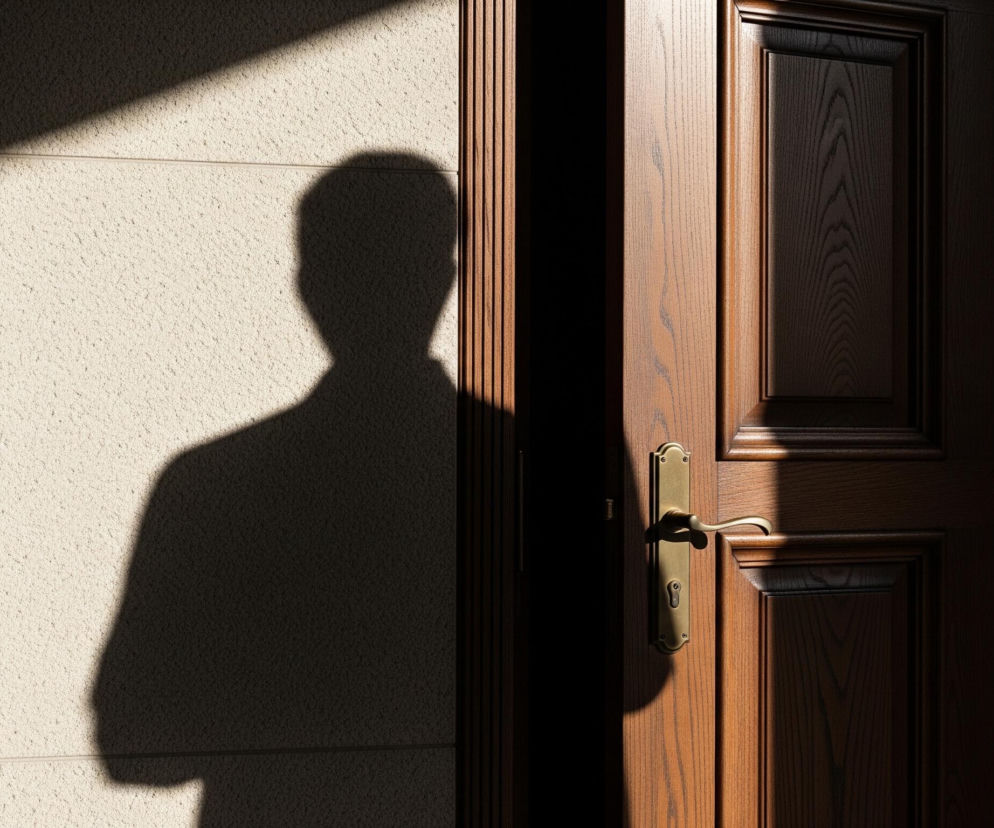 Na pierwszym planie widoczna jest otwarta, ciemnobrązowa drewniana futryna drzwi po prawej stronie, oświetlona silnym, bocznym światłem, które akcentuje fakturę drewna i mosiężną klamkę. Po lewej stronie dominuje jasna, teksturowana ściana o beżowym odcieniu, na której widoczny jest wyraźny cień postaci ludzkiej. Cień ma kontur głowy i ramion, rzucany jest na jasną część ściany, a jego prawa krawędź styka się z futryną drzwi.