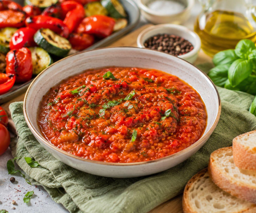 Nadmiar pomidorów i cukinii nie musi skończyć w leczo. Pieczona papryka podkręca smak warzywnego sosu