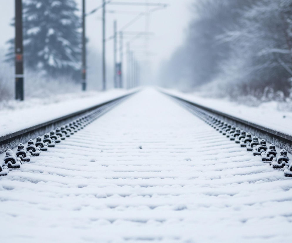 Tory kolejowe, pokryte warstwą świeżego śniegu, biegną prosto w dal, zbiegając się w odległym punkcie horyzontu. Po obu stronach torów rozciąga się zaśnieżony krajobraz z zaroślami i drzewami, które również są przysypane białym puchem. Widoczne są słupy trakcji kolejowej, częściowo zasłonięte przez zamieć lub mgłę, co tworzy rozmyte tło. Dominują kolory biały, szary i ciemnoszary, podkreślając zimową scenerię.