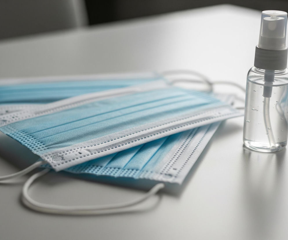 Na jasnoszarym blacie leżą trzy chirurgiczne maski ochronne, ułożone w stos, z błękitnymi stronami skierowanymi do góry. Po prawej stronie masek stoi przezroczysta butelka z atomizerem, wypełniona bezbarwnym płynem z widocznymi pęcherzykami powietrza. Tło jest rozmyte, z jasnoszarymi i ciemnoszarymi obszarami.