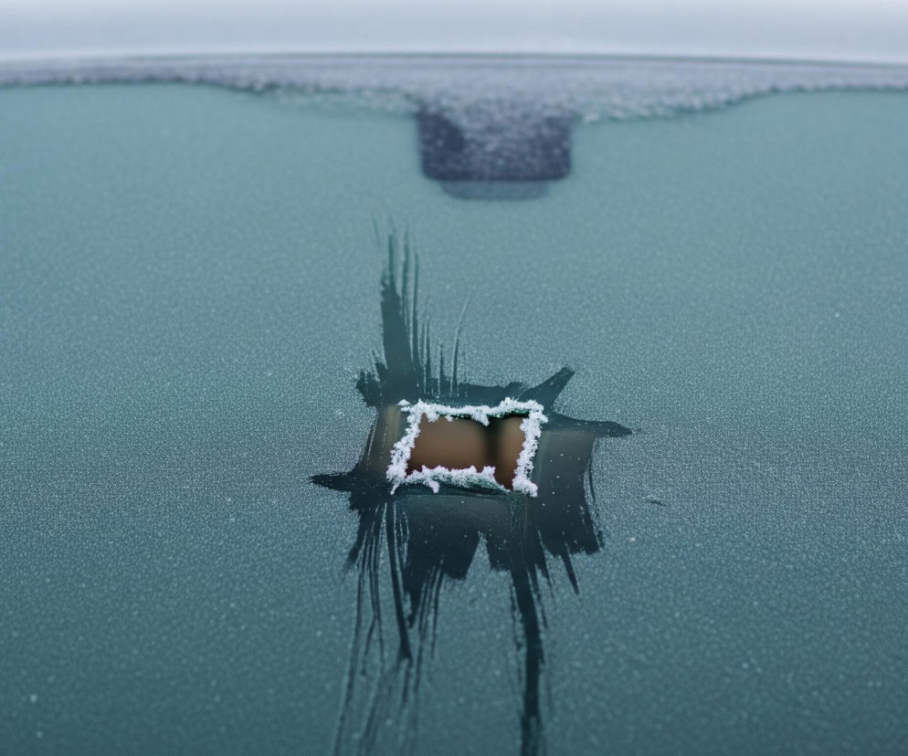 Na zdjęciu dominuje zamarznięta szyba samochodu, pokryta drobnymi, białymi kryształkami szronu, nadającymi jej niebiesko-zielonkawy odcień. Centralnie znajduje się prostokątny otwór, odsłaniający brązową powierzchnię pod spodem, otoczony grubą warstwą białego szronu. Od tego otworu rozchodzą się nieregularne, ciemne smugi, wyglądające jak zarysowania lub ślady rozmrażania. W górnej części zdjęcia, poza ostrością, widoczny jest fragment ciemnego elementu, prawdopodobnie mocowania lusterka.