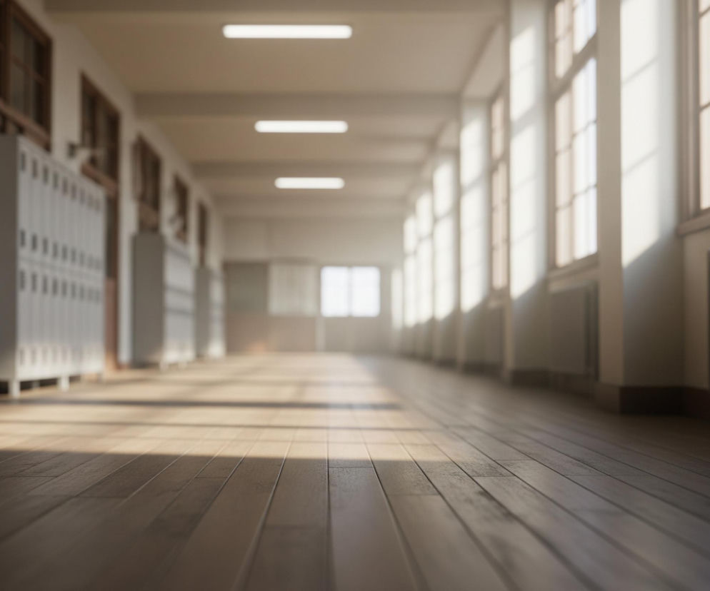 Długi korytarz z drewnianą podłogą, oświetlony naturalnym światłem wpadającym przez wysokie okna po prawej stronie. Po lewej stronie znajdują się rzędy jasnoszarych szafek z metalu oraz ciemnobrązowe drzwi z przeszklonymi panelami. Sufit jest w jasnym kolorze i posiada wbudowane, podłużne lampy. W oddali widać kolejne okna, a światło tworzy wyraźne pasma cienia na podłodze, przechodząc od ciemnego brązu w pierwszym planie do jasnego beżu w głębi.