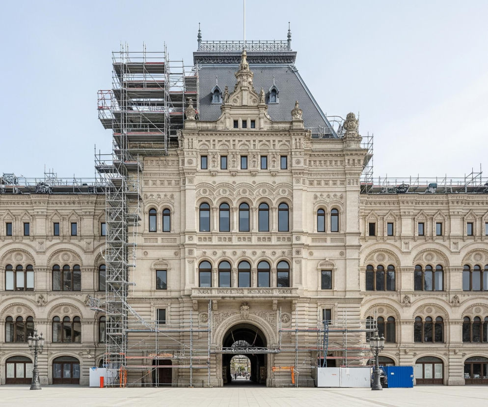 Duży, neobarokowy budynek w kolorze kremowym dominuje centralną część obrazu, wyróżniając się bogatymi zdobieniami fasady i licznymi oknami o brązowych ramach. Na dachu znajdują się strome, grafitowe połacie oraz mniejsze szczyty z oknami, a cała konstrukcja otoczona jest w wielu miejscach metalowymi rusztowaniami, wskazującymi na prace renowacyjne. Na pierwszym planie widoczny jest szeroki, pusty plac z jasnych płyt, na którym stoją dwie ozdobne, ciemne latarnie uliczne, kontenery budowlane oraz łukowe przejście w centralnej części budynku, przez które widać zarys ulicy z postaciami. Niebo nad budynkiem jest jasnoniebieskie i bezchmurne.