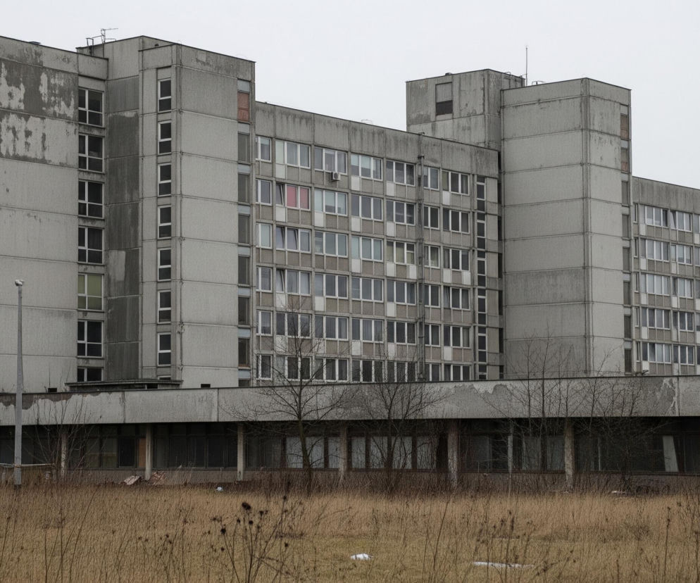 W centrum zdjęcia dominuje duży, szary, zniszczony budynek, przypominający blok mieszkalny, z wieloma oknami o białych ramach. Jego fasada jest nierówna, z widocznymi odrapaniami i zaciekami, a jeden z jego skrzydeł ma charakterystyczną czerwoną żaluzję w oknie. Budynek otoczony jest zaniedbaną, suchą trawą i kilkoma nagimi drzewami, a horyzont zamyka jednolite, jasnoszare, zachmurzone niebo. Na pierwszym planie, u dołu obrazu, rozpościera się brązowa, wyschnięta trawa z pojedynczymi, ciemniejszymi roślinami.