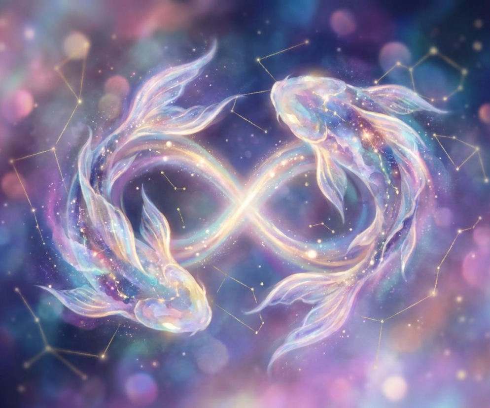 Dwie magiczne ryby symbolizujące znak zodiaku Ryb, splecione w znak nieskończoności na tle gwieździstego, fioletowo-niebieskiego nieba pełnego konstelacji i błyszczących drobinek. Więcej na temat horoskopu dziennego Ryb na naszym portalu.