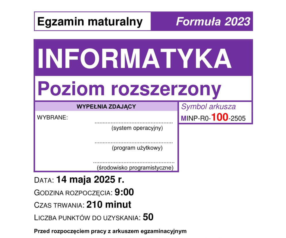 Matura 2025 informatyka rozszerzona - arkusz CKE 14.05.2025 - Formuła 2023