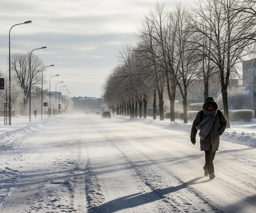 Samotną osobę idącą zimą po zaśnieżonej drodze. Osoba ubrana jest w grubą, ciemną kurtkę z kapturem obszytym futrem, szary szalik i ciemne spodnie. Droga jest pokryta śniegiem, z wyraźnymi śladami opon i rozrzuconymi zaspami po bokach, a w tle widać rząd gołych drzew pokrytych szadzią oraz budynki mieszkalne. Po lewej stronie widać słupy z latarniami ulicznymi, które ciągną się w dal, tworząc perspektywę, a na prawo od drzew znajdują się niskie krzewy również pokryte śniegiem. Całość oświetla zimowe słońce, rzucając długie cienie na śnieg i tworząc jasną, lekko zamgloną atmosferę.