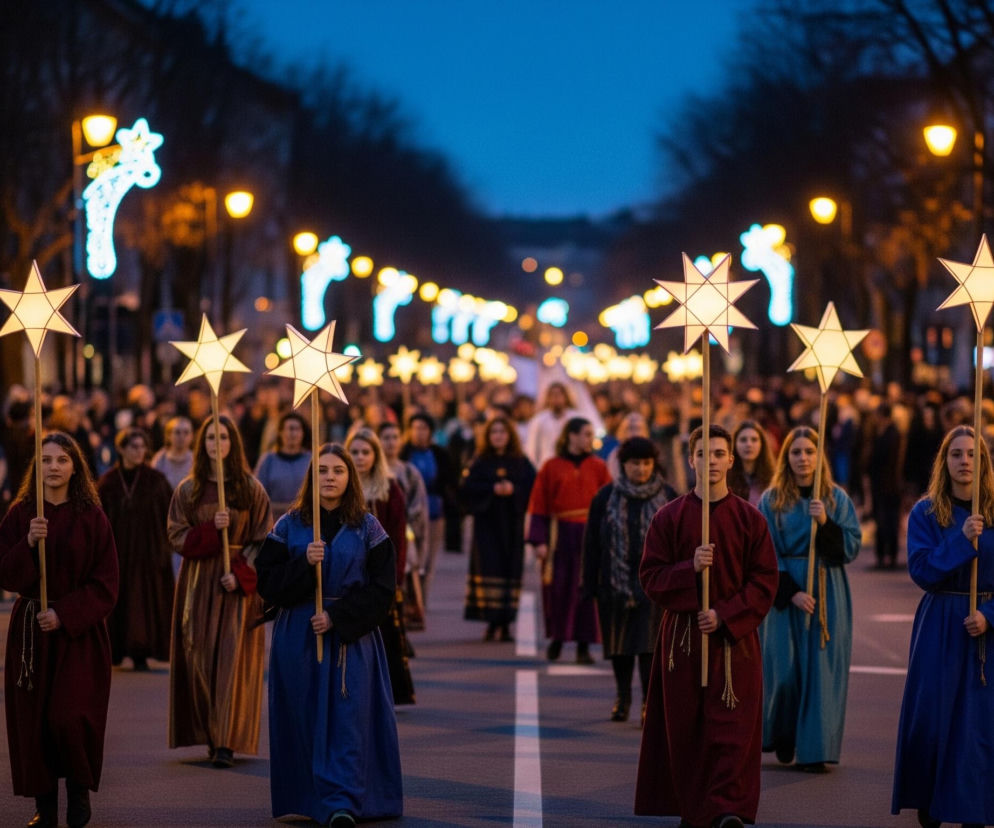 Długa kolumna ludzi maszeruje ulicą w zmierzchu. Na pierwszym planie widoczne są młode kobiety i mężczyźni niosący na drewnianych kijach świecące, białe gwiazdy sześcioramienne. Ubrani są w długie, proste szaty w odcieniach czerwieni i błękitu, ozdobione złotymi sznurami. Tłum rozciąga się w dal, a po obu stronach ulicy stoją drzewa i latarnie, na których wiszą jasne, ozdobne gwiazdy i girlandy świetlne.