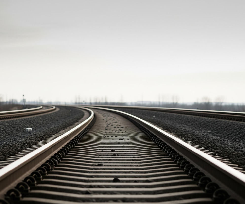 Dwa równoległe tory kolejowe zbiegają się w oddali, biegnąc przez ciemny, kamienisty nasyp. Metalowe szyny są srebrzyste, a podkłady ciemnoszare, ułożone prostopadle do szyn. W tle widoczny jest zamglony horyzont i niewyraźna linia drzew oraz konstrukcji, wszystko pod jasnoszarym, pochmurnym niebem.
