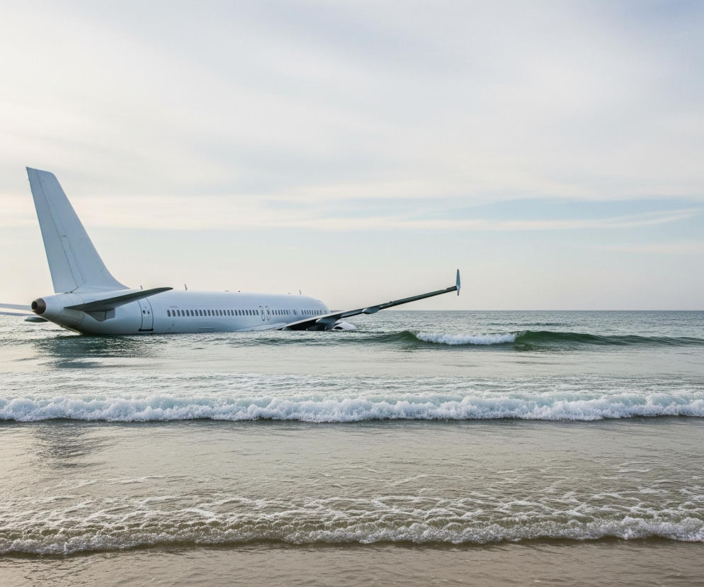 Biały samolot pasażerski, pozbawiony jakichkolwiek oznaczeń, spoczywa w płytkiej wodzie morza blisko piaszczystego brzegu. Kadłub samolotu jest częściowo zanurzony, a ogon i część lewego skrzydła wystają ponad powierzchnię wody, podczas gdy prawe skrzydło jest wyraźnie zanurzone. Nad samolotem rozciąga się jasne, zachmurzone niebo w odcieniach błękitu i bieli. Na pierwszym planie widoczne są fale rozbijające się na brzegu, z pasem mokrego piasku u dołu zdjęcia.