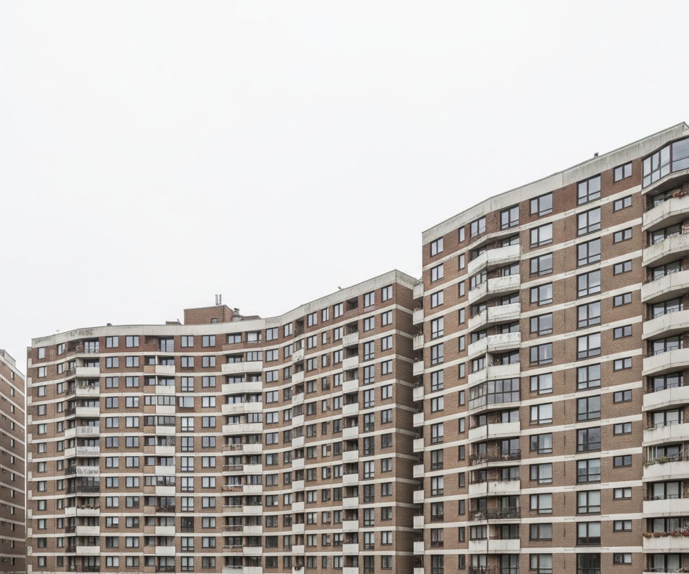 Trzy wielopiętrowe, ceglane budynki mieszkalne z falistymi fasadami dominują scenę pod jasnym, jednolitym niebem. Budynki charakteryzują się licznymi prostokątnymi oknami i balkonami z białymi, betonowymi balustradami, niektóre z nich posiadają ozdobne kraty. Na balkonach widać doniczki z kwiatami oraz zasłony, a dachy budynków są płaskie, z widocznymi kominami. Całość prezentuje monotonny, szary odcień w tle, natomiast same budynki są utrzymane w tonacji brązowej cegły, białego betonu i ciemnych ram okiennych.