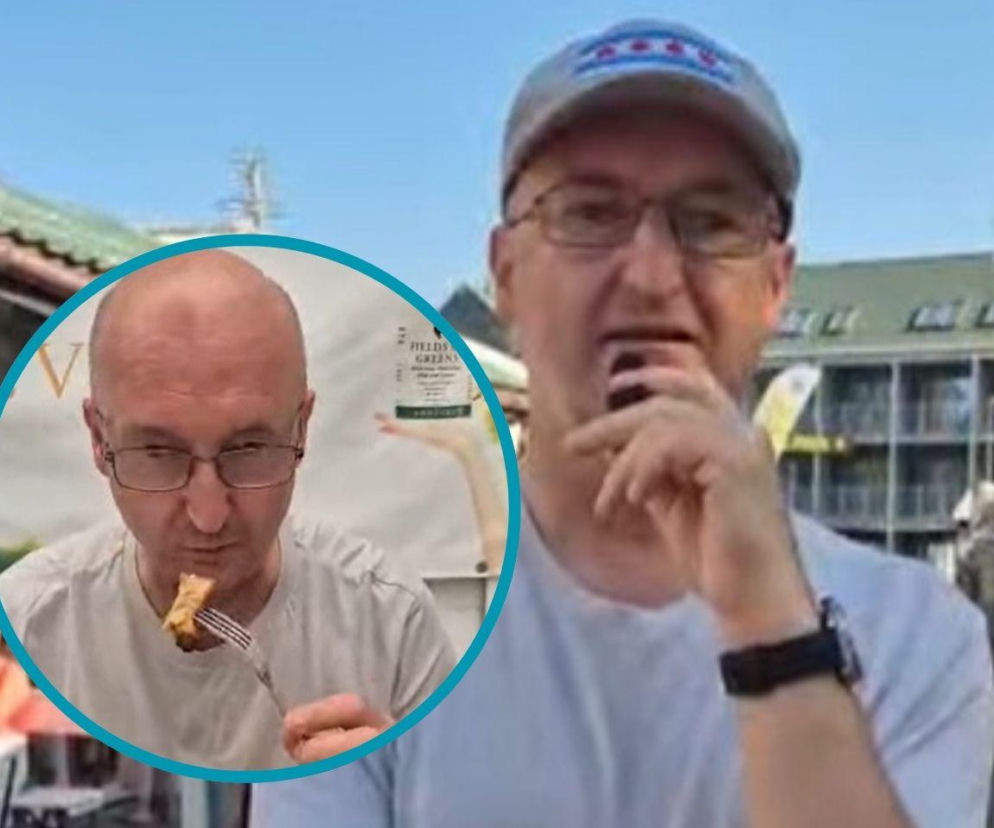 Piotr Wawrzyk w czapce z daszkiem mówi do kamery. Na miniaturze je szaszłyka. O jego nowej roli przeczytasz na SE.