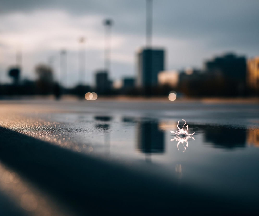 Na pierwszym planie, z lewej strony, widoczna jest krawędź chodnika lub ulicy, z drobnymi kropelkami wody na powierzchni, odbijającymi światło. Na mokrej nawierzchni po prawej stronie znajduje się niewielka, jaskrawa, rozmazana plama światła o nieregularnym kształcie, przypominająca pająka, z wyraźnym odbiciem w kałuży. Tło jest nieostre, ukazując zarysy miejskiego krajobrazu z ciemnymi budynkami i słupami latarni, a także rozmazanymi, okrągłymi światłami w odcieniach beżu i pomarańczy. Całość utrzymana jest w chłodnych, ciemnych tonacjach szarości, błękitu i czerni, z ciepłymi akcentami świetlnymi.