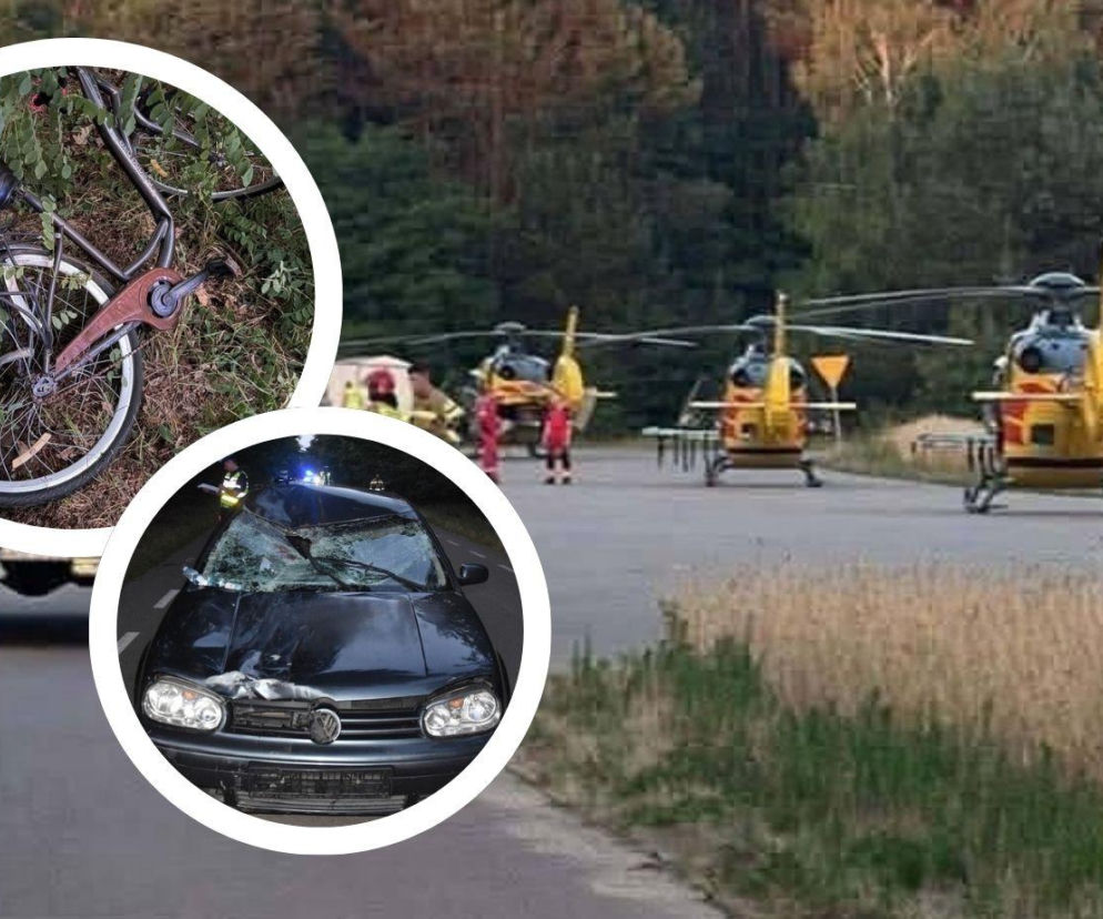 Trzy śmigłowce LPR na drodze. Obok miniatury rozbitego roweru i volkswagena. O wypadku przeczytasz na Eska Siedlce.