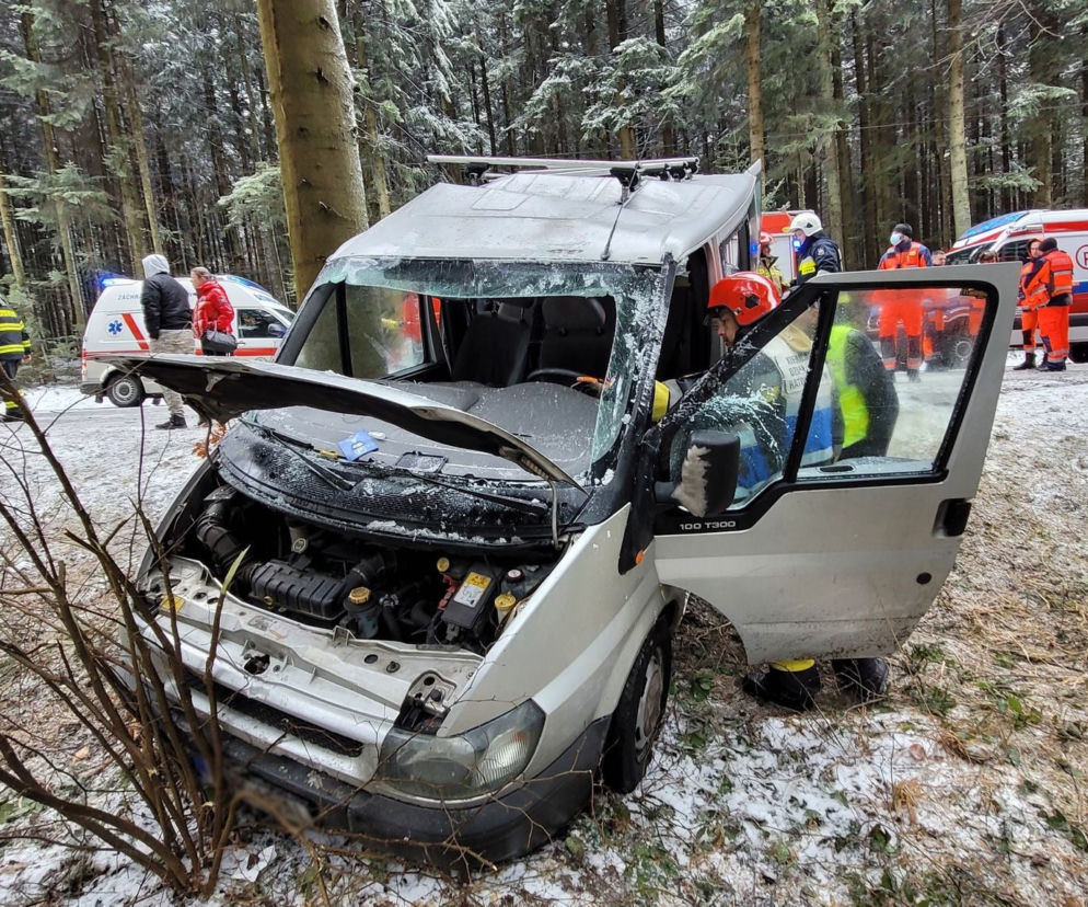 Potworny wypadek pod Krynicą-Zdrój! Nie żyje 32-latek ze Słowacji. Bus z 4 osobami rozbił się o drzewo [ZDJĘCIA]