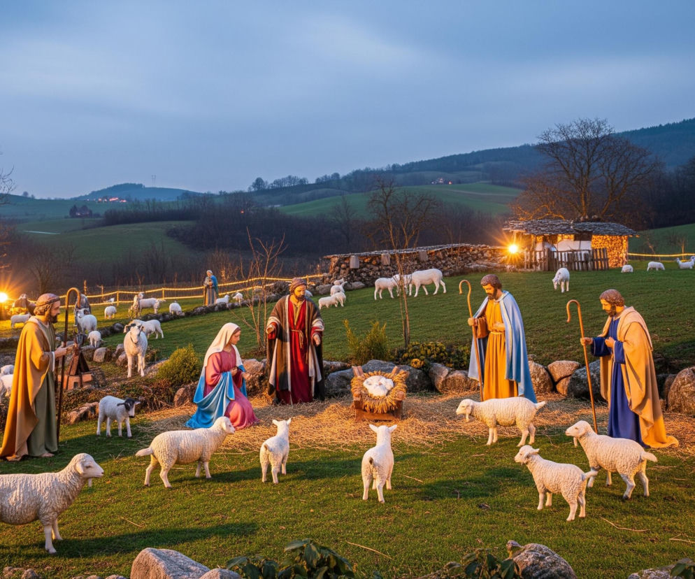 Na zielonej, pagórkowatej łące stoi duża, rozbudowana szopka bożonarodzeniowa przedstawiająca scenę narodzenia Jezusa. W centrum kompozycji znajduje się klęcząca Maryja w różowej sukni i błękitnym płaszczu, adorująca Dzieciątko leżące w drewnianym żłobie wypełnionym słomą, a obok niej stoi Józef w czerwono-czarnej szacie. Dookoła nich oraz na całej łące rozmieszczone są figurki owiec w różnych pozach, a także pasterze w tradycyjnych strojach, trzymający laski, oraz osioł i wół, z których osioł stoi po prawej stronie kadru. Scenerię rozświetlają liczne ciepłe, żółte światła, tworząc nastrojową atmosferę zmierzchu lub świtu, z błękitno-szarym niebem i odległymi wzgórzami w tle.