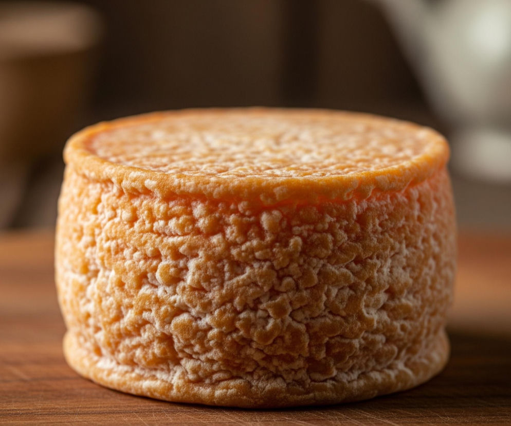 W centralnej części kadru znajduje się okrągły kawałek sera o grubych, pomarańczowo-brązowych ściankach i spłaszczonym wierzchu. Jego powierzchnia jest nierówna i pokryta delikatnym, białym nalotem. Ser spoczywa na drewnianej desce o ciepłym, brązowym odcieniu, z widocznymi słojami i drobnymi rysami. W tle, rozmyte i niewyraźne, widać jaśniejszy, biały obiekt po prawej stronie oraz ciemniejszy, beżowy kształt po lewej.