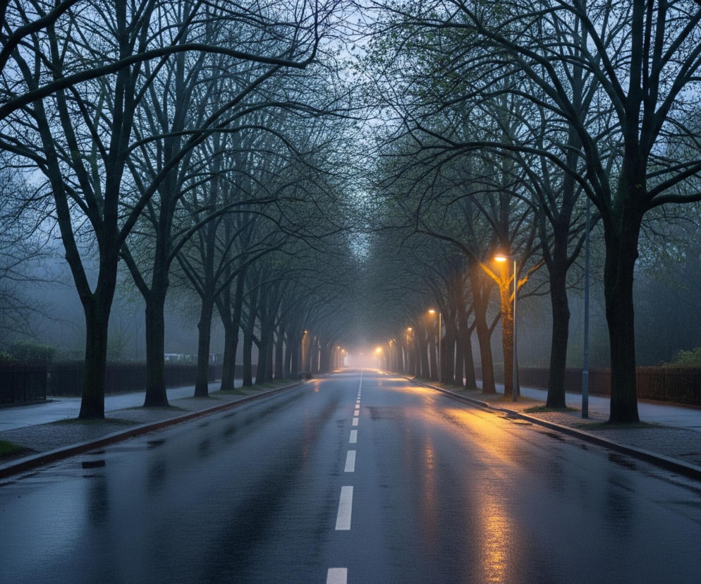 Mokra, ciemna droga z białą, przerywaną linią centralną biegnie w głąb obrazu, otoczona po obu stronach rzędami drzew o nagich lub słabo ulistnionych gałęziach. Pomarańczowe światła uliczne rozświetlają prawą stronę drogi, tworząc długie, rozmazane refleksy na błyszczącej nawierzchni. Po obu stronach drogi widoczne są chodniki, a za drzewami mglisty krajobraz z dodatkową roślinnością, zlewający się z bladym, niebieskawym niebem. Całość tonie w przymglonym, niebiesko-szarym świetle zmierzchu lub świtu.