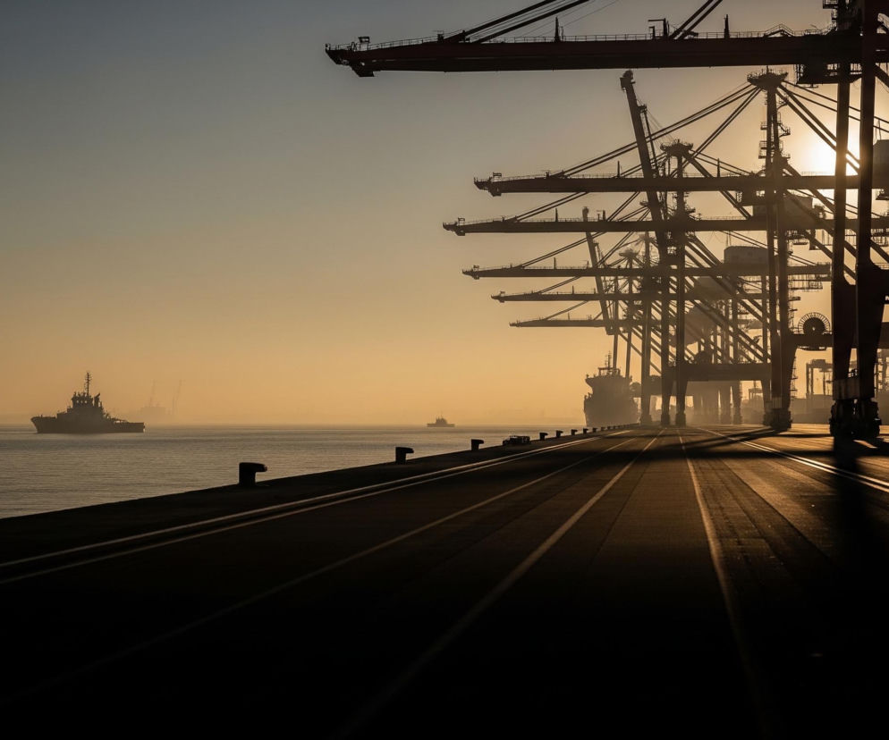 Głęboki, mroczny cień na pierwszym planie przecina obraz, tworząc czarną, poziomą linię oddzielającą morski krajobraz od nieba. Po prawej stronie widać szereg industrialnych dźwigów portowych, ich sylwetki są czarne i wyraźnie zarysowane na tle jasnozłotego nieba. Między ich strukturami prześwituje słońce, tworząc jasną, poziomą smugę światła i długie cienie rozciągające się po lądzie, a także na powierzchni wody, gdzie odbija się jasno.

Na wodzie, po lewej stronie obrazu, widać kilka statków, niektóre wyraźnie, inne zlewające się z mglistym horyzontem, gdzie dalsze dźwigi są ledwo widoczne. Niebo, zajmujące górną połowę kadru, przechodzi od jasnego, złocistego odcienia w pobliżu słońca do ciemniejszego, niebiesko-szarego u góry, tworząc subtelny gradient.