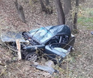 Libusza. Osobówka wypadła jezdni prosto na drzewo! W środku dwie zakleszczone osoby