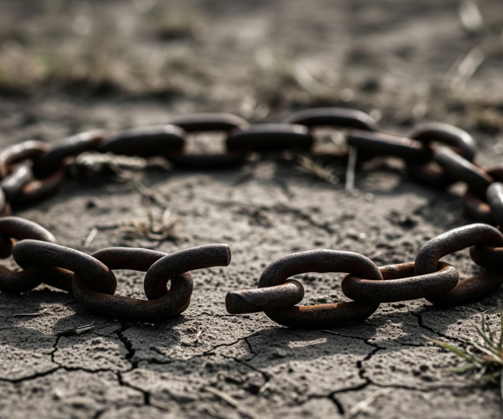 Na popękanej, wyschniętej ziemi leży zardzewiały łańcuch, tworzący niemal zamknięty okrąg. Dwa końcowe ogniwa są rozłączone, z jednym ogniwem otwartym na jednym końcu, a drugim ogniwem otwartym na przeciwległym końcu. Zardzewiały metal ma ciemnobrązową barwę z pomarańczowymi akcentami, a popękana ziemia w kolorach szarości i brązu nosi ślady sporadycznych, wysuszonych kęp traw.