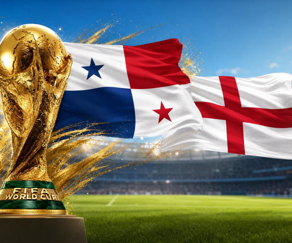 Złoty puchar FIFA World Cup obok flag Panamy i Anglii na tle stadionu piłkarskiego symbolizuje nadchodzące starcie na Mundialu 2026. Pełne składy i statystyki meczu Panama - Anglia dostępne na naszym portalu.